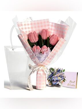 Handmade Flower Bouquet Pink Tulips with 3D Card and Bag